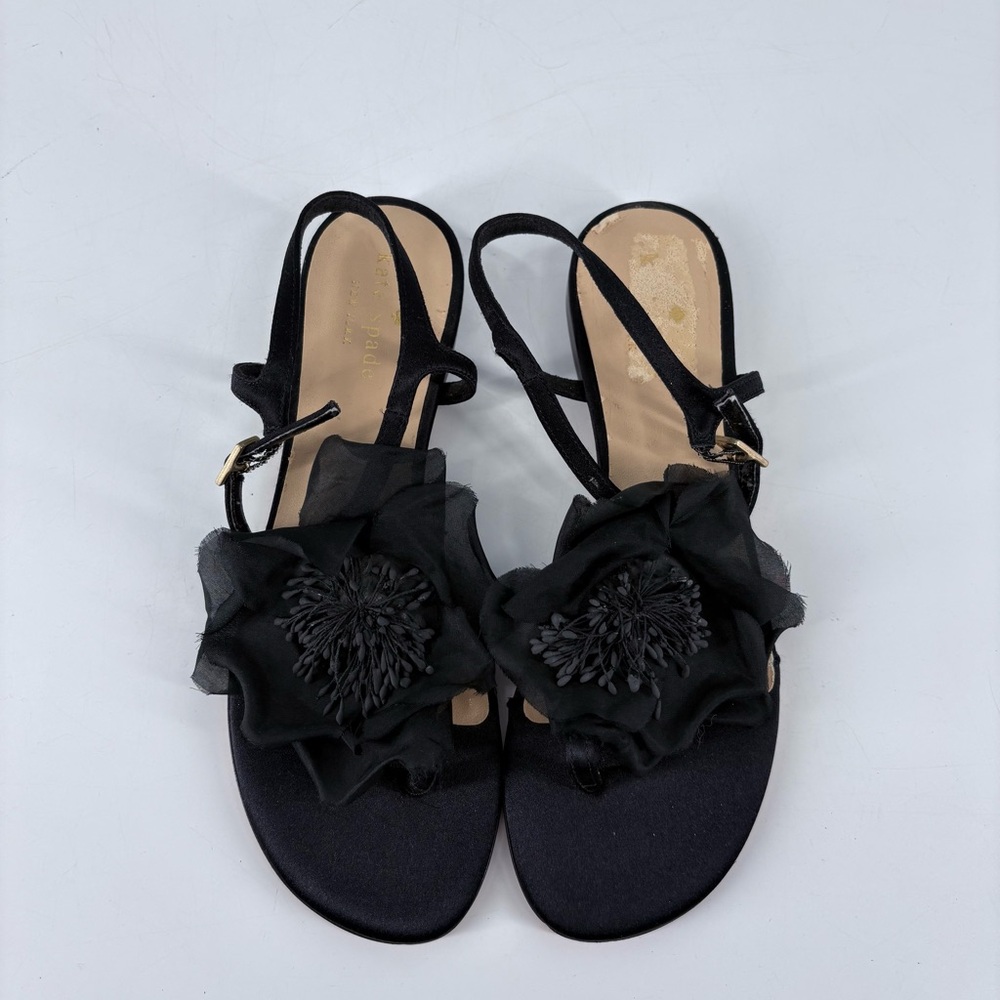 Kate Spade Black Satin Mesh Flower Accent Strap Sandals